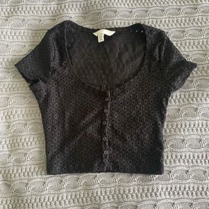 H&M black top with, little flowers, swooped neck, XS